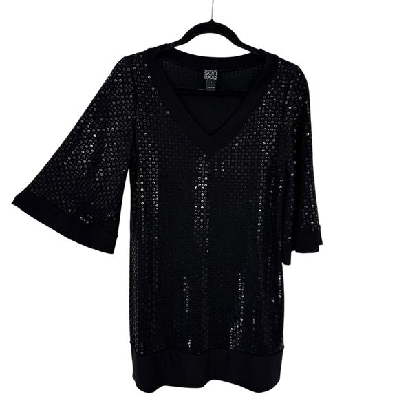Clara Sun Woo Black Shimmer Circles Tunic Small 3/4 Flare Sleeve Party Event - Picture 1 of 8